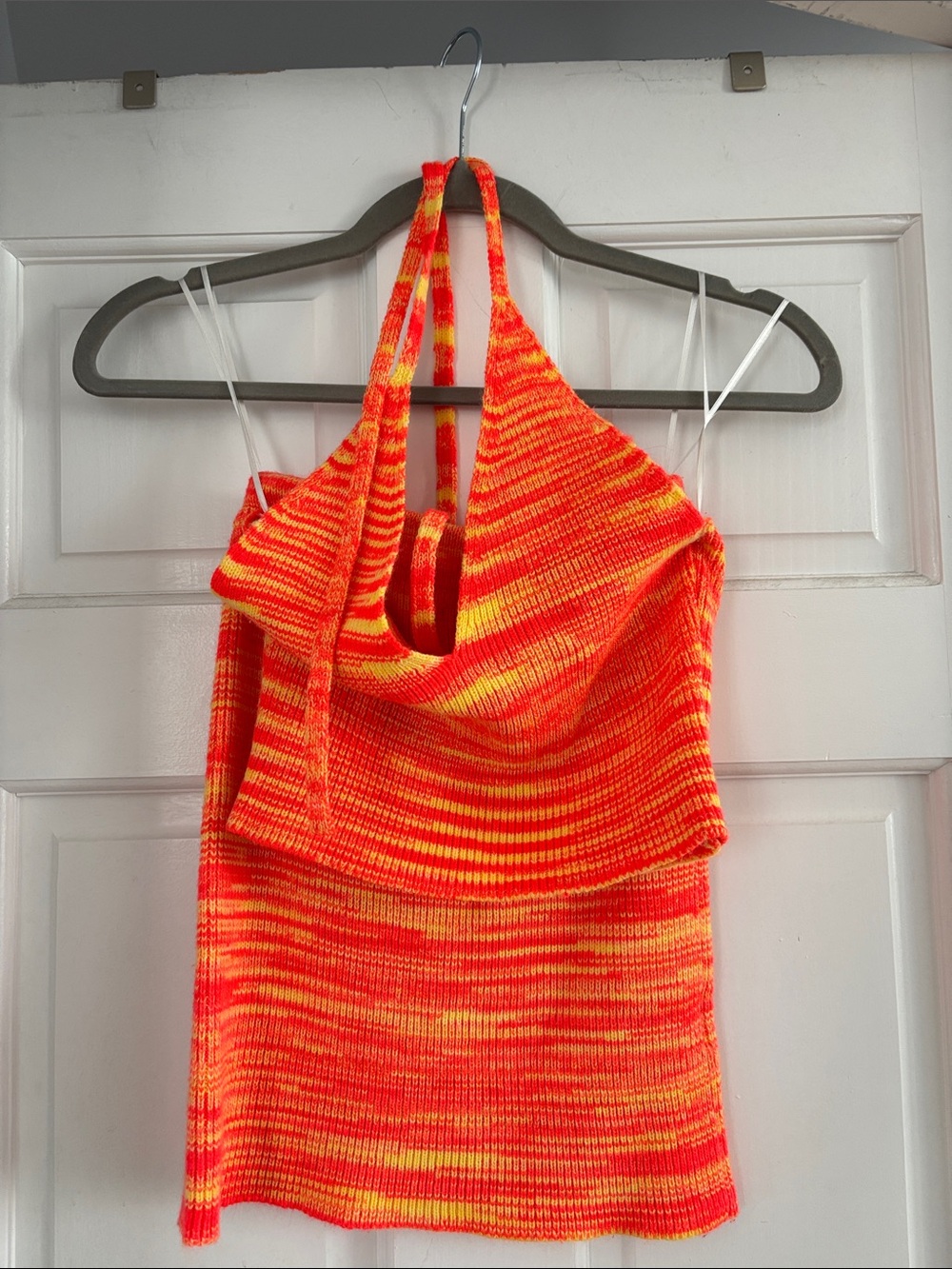 Neon Orange & Yellow Knit Halter Top and Mini Skirt Set— Bright Stretch Fit